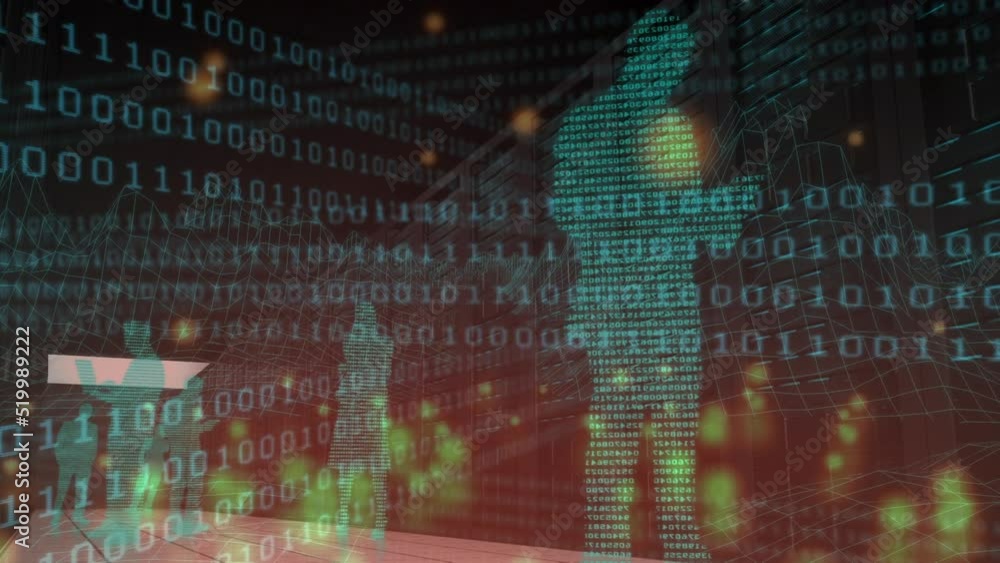 Poster animation of binary code, human silhouettes and lights moving over black background