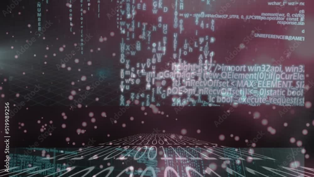 Poster animation of data processing on moving screens and dots of light on black background