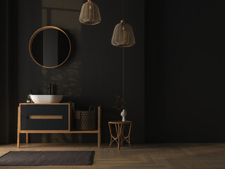 Interior of modern dark bathroom with black walls, wooden floor, dry plants, arches, white sink standing on wooden countertop and a oval mirror hanging above it. 3d rendering
