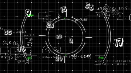 Animation of viewfinder, math formulas and numbers on black background - Powered by Adobe