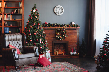Festive interior with Decorated Christmas Tree and Fireplace with Red Gifts. Christmas Background