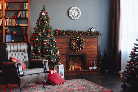 Festive interior with Decorated Christmas Tree and Fireplace with Red Gifts. Christmas Background - Powered by Adobe