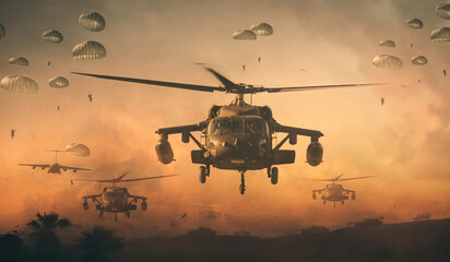 helicopter troops on the way to the battlefield in sunset.  © Meysam Azarneshin