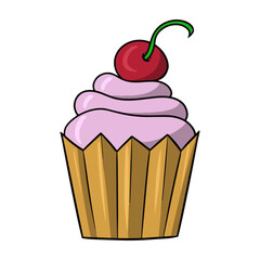 Pink Delicious cupcake with delicate cream and cherry berry, vector illustration in cartoon style