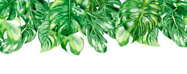 Tropical green leaves watercolor seamless banner. Exotic foliage endless border. For wedding invitation and greeting cards. Fresh jungle design.