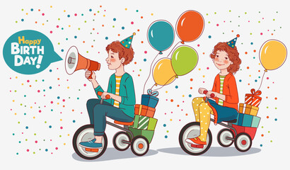Cute boy and girl rides on bicycle. Funny kids having fun. Happy Birthday vector illustration. Boy shouting on the megaphone