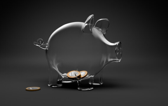 Empty glass piggy bank with Euro coins on dark background - 3d illustration
