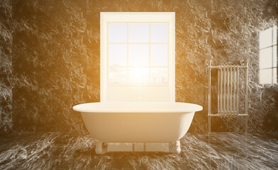 Naklejka na ściany i meble Modern bathroom including bath and sink. 3D rendering.. Sunset.