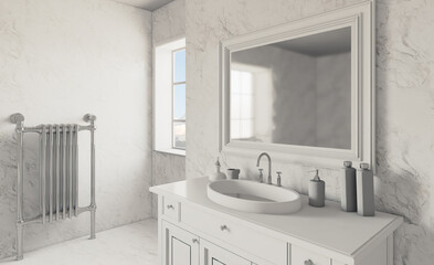 Scandinavian bathroom, classic  vintage interior design. 3D rendering.