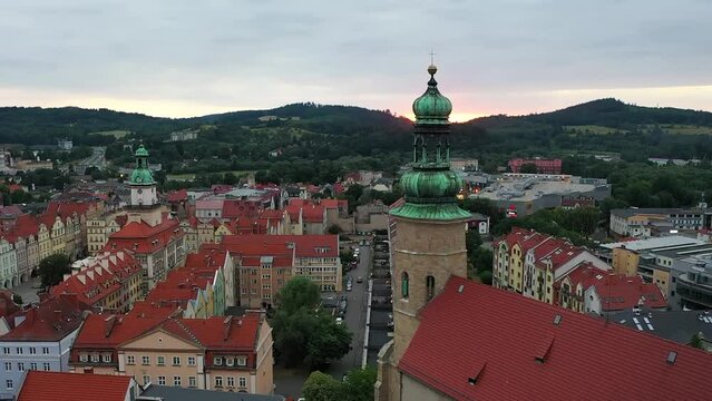 Beautiful architecture of the Town Hall Square in Jelenia Gora at dusk, Poland