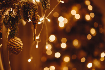 Christmas Decorations and Toys. Christmas bokeh. Modern Blurred Postcard. Horizontal Bright Banner