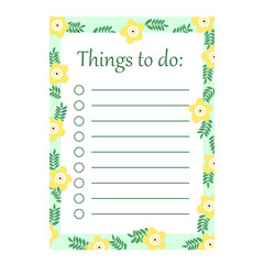 cute planner with yellow flowers. things to do. vector illustration, eps 10.