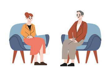 Partners talking. Man woman discuss problems. Flat psychotherapist consulting young girl. Female mental disorder, individual psychological consultation vector concept