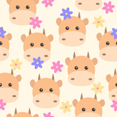 Cute seamless pattern. Red cows and flowers on beige background. Vector illustration, eps 10. Flat colorful vector for kids.  animals. baby design for fabric, textile, wrapper, print.