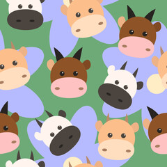 Cute seamless pattern. Cows and flowers. Green background. 2021 year. Vector illustration  for package, wrapping design for natural product. EPS 10 