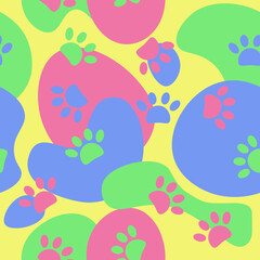 Cute colorful background with animals footprints. Cats steps. Cats feet. Print for textiles and posters of veterinary clinics. EPS 10