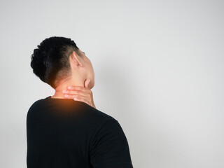 Close up man pain his neck off syndrome concept
