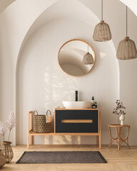 Interior of modern bathroom with white walls, wooden floor, dry plants, arches, white sink standing on wooden countertop and a oval mirror hanging above it. 3d rendering
