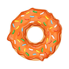 Delicious donut with orange icing and bright sweet sprinkles isolated on white background. Realistic vector illustration of sweet pastries.