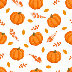 Seamless pattern with autumn pumpkins and yellow leaves. October harvest. Thanksgiving and Halloween. Vector illustration for fabrics, textures, wallpapers, posters, cards. Editable elements.