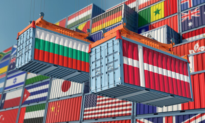 Cargo containers with Bulgaria and Denmark national flags. 3D Rendering