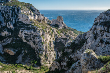 View overlooking the Mediterranean from the pass of the escourtines inthe creeks of Marseille with the creek of Sormiou in background