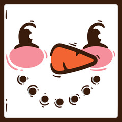 Logo with the face of a cute snowman with pink cheeks. Carrot instead of a nose. Handdrawn christmas icon with snow. Fragment of the advent calendar.  Happy New Year 2025