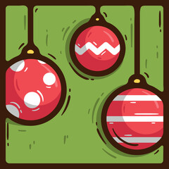 Hand drawn christmas icon with new year toys. Red Christmas balls with white patterns of dots and stripes on a green background. Fragment of the advent calendar. New Year 2025