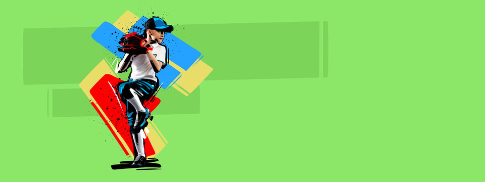 Contemporary art collage with little boy, junior baseball player in sports uniform over colored background with abstract elements. Retro colors