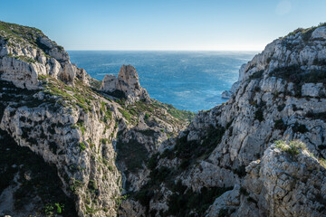 View overlooking the Mediterranean from the pass of the escourtines inthe creeks of Marseille with the creek of Sormiou in background