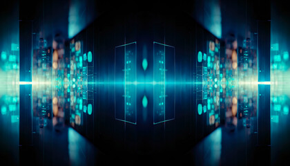 Fototapeta premium Abstract blue futuristic background, data center, data transfer, rays and lines, blue neon. Reflection of light in space. Dark futuristic empty scene. 3D illustration.