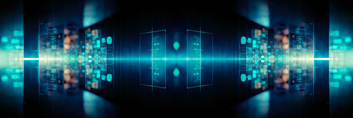 Obraz premium Abstract blue futuristic background, data center, data transfer, rays and lines, blue neon. Reflection of light in space. Dark futuristic empty scene. 3D illustration.