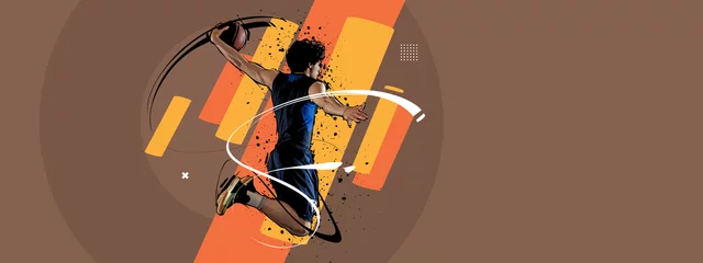 Tragetasche Sport collage with professional basketball player in action, motion with ball isolated on retro colors geometric background. Art, creativity and ad © master1305