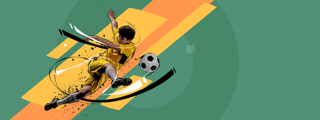 Contemporary art collage. Professional male soccer football player kicking the ball over abstract retro colors background. Sport, betting, news, ad