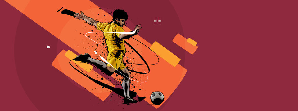 Contemporary art collage. Professional male soccer football player kicking the ball over abstract retro colors background. Sport, betting, news, ad