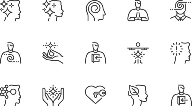 Mental Balance and Health. Mindfulness, Awareness, Spirituality. Vector Line Icons Set. Editable Stroke. Pixel Perfect.