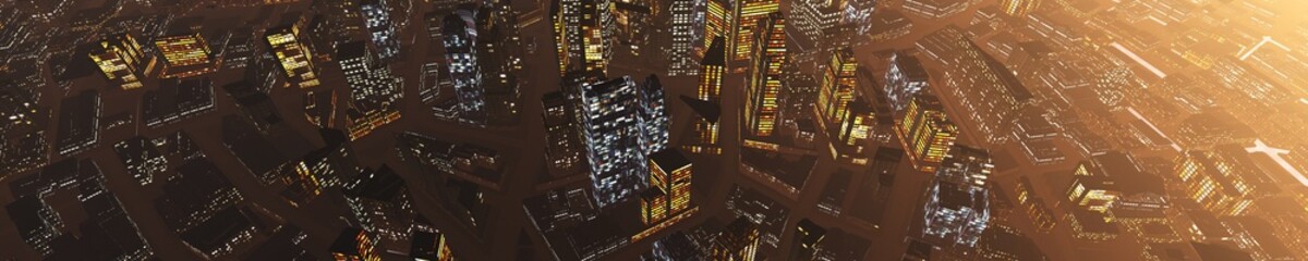 Sunset among skyscrapers, evening city at sunset, sunrise in clouds over the city, 3d rendering