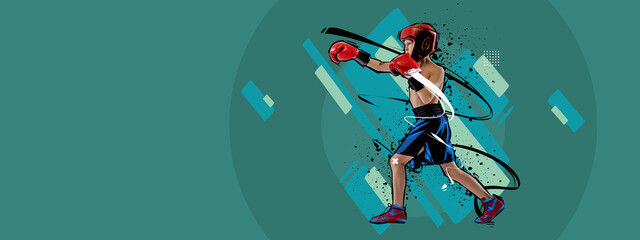 Contemporary art collage with little boy, junior boxer in sports uniform over cyan color background with abstract elements. Retro colors