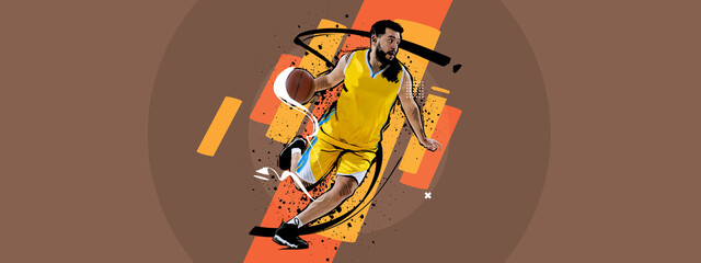 Sport collage with professional basketball player in action, motion with ball isolated on retro...