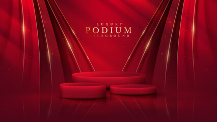 Red color podium with ribbon elements and gold lines with glitter light effect decoration and bokeh.