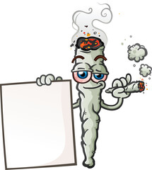 A tall smoking marijuana joint cartoon character holding a large blank poster board sign - 519997636
