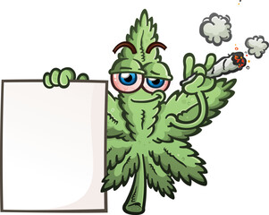 A marijuana cannabis leaf vector cartoon character illustration smoking a joint and puffing smoke and holding a big blank posterboard - 519997637