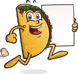 A delicious beef taco cartoon character on a brisk bouncy jog to the Mexican food stand while holding a blank poster board sign