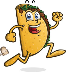 A delicious beef taco cartoon character on a brisk bouncy jog to the Mexican food stand 