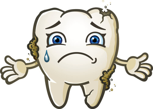 An unhappy tooth cartoon character covered in plaque and cracks with a deep cavity