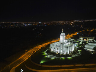 Aerial view of Temple is a temple of The Church of Jesus Christ of Latter-day Saints -LDS Church-,...