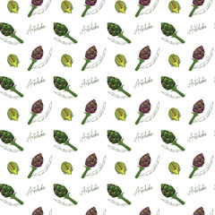 Summer pattern of artichoke flowers in a hand-drawn style. Healthy vegetables from the garden. Vector illustration on a white background for decor, wrapping paper