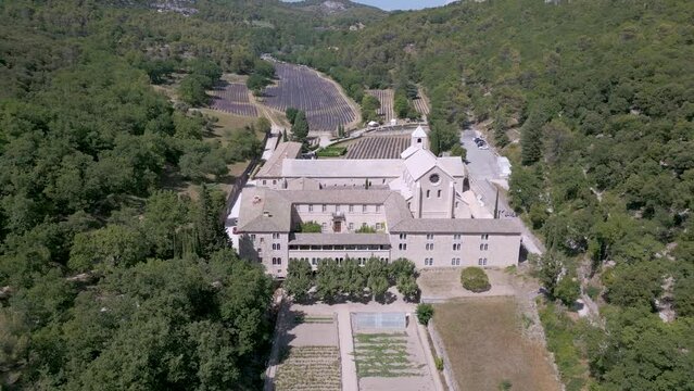 Drone view of Senanque Abbey near Gordes village in Provence, France