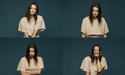 Set of different emotions. Collage with four different emotions in one young brunette woman in...