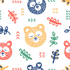 Cute calm vector pattern in folk scandinavian style with dreamy sleeping cubs, twigs and ornament on a white background. For kids, toddlers, nursery, decor, textiles, cards, wrappers, prints, interior